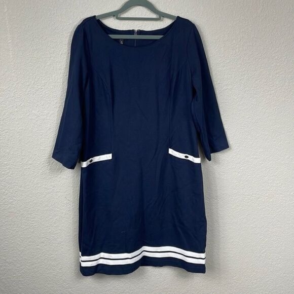 Talbots Navy Blue White Trim Career Office Dress Mod Retro 3/4 Sleeve Sz 12 - Picture 1 of 10